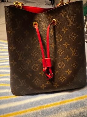 Louis Vuitton Brown Monogram Bucket Bag with Red Trim